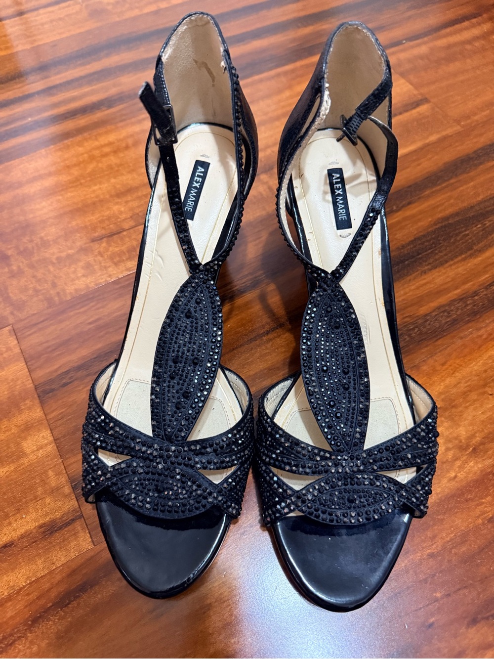 Alex Marie Black Crystal T-Strap Heels